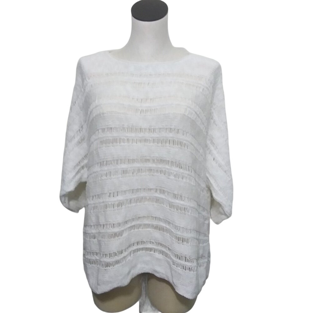 Eileen Fisher White Organic Cotton Open Ladder Knit Dolman Sweater Womens Medium